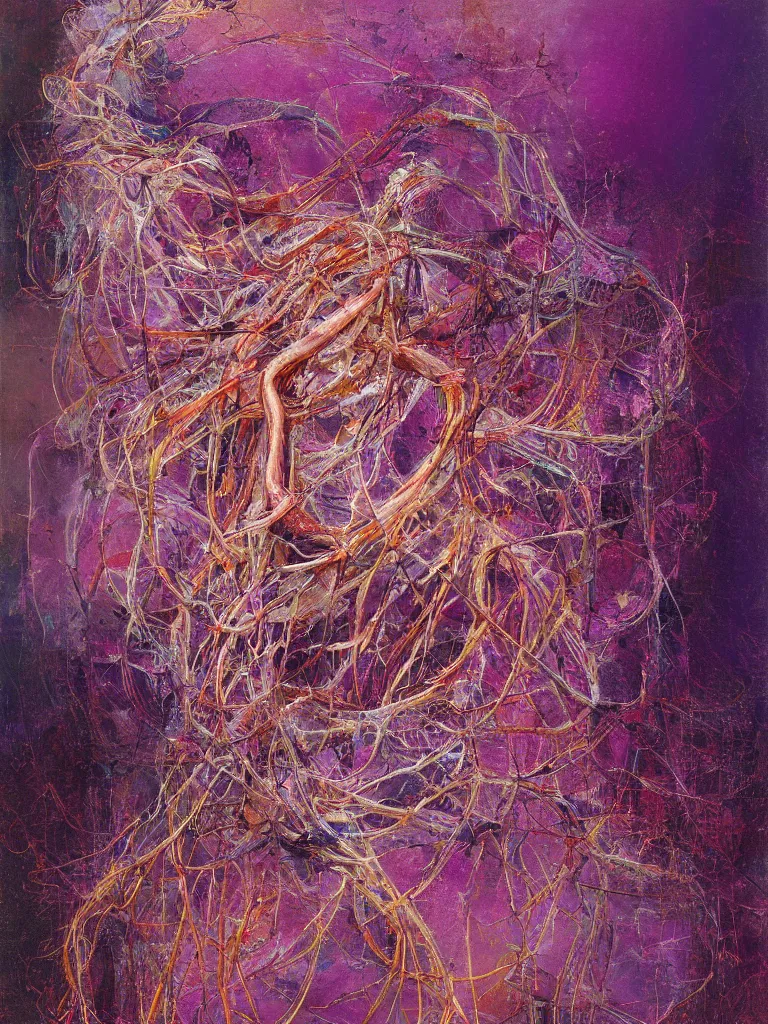 Image similar to a beautiful abstract painting by ramon chirinos of a glitched human nervous system, color bleeding, pixel sorting, copper oxide material, brushstrokes by jeremy mann, studio lighting, pastel purple background, square shapes