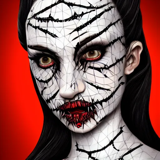 Image similar to A very detailed horrifying portrait painting of the princess of darkness, patterned skin, occult, 8k, trending on artstation cgsociety, masterpiece, in the style of DiscoDiffusion.