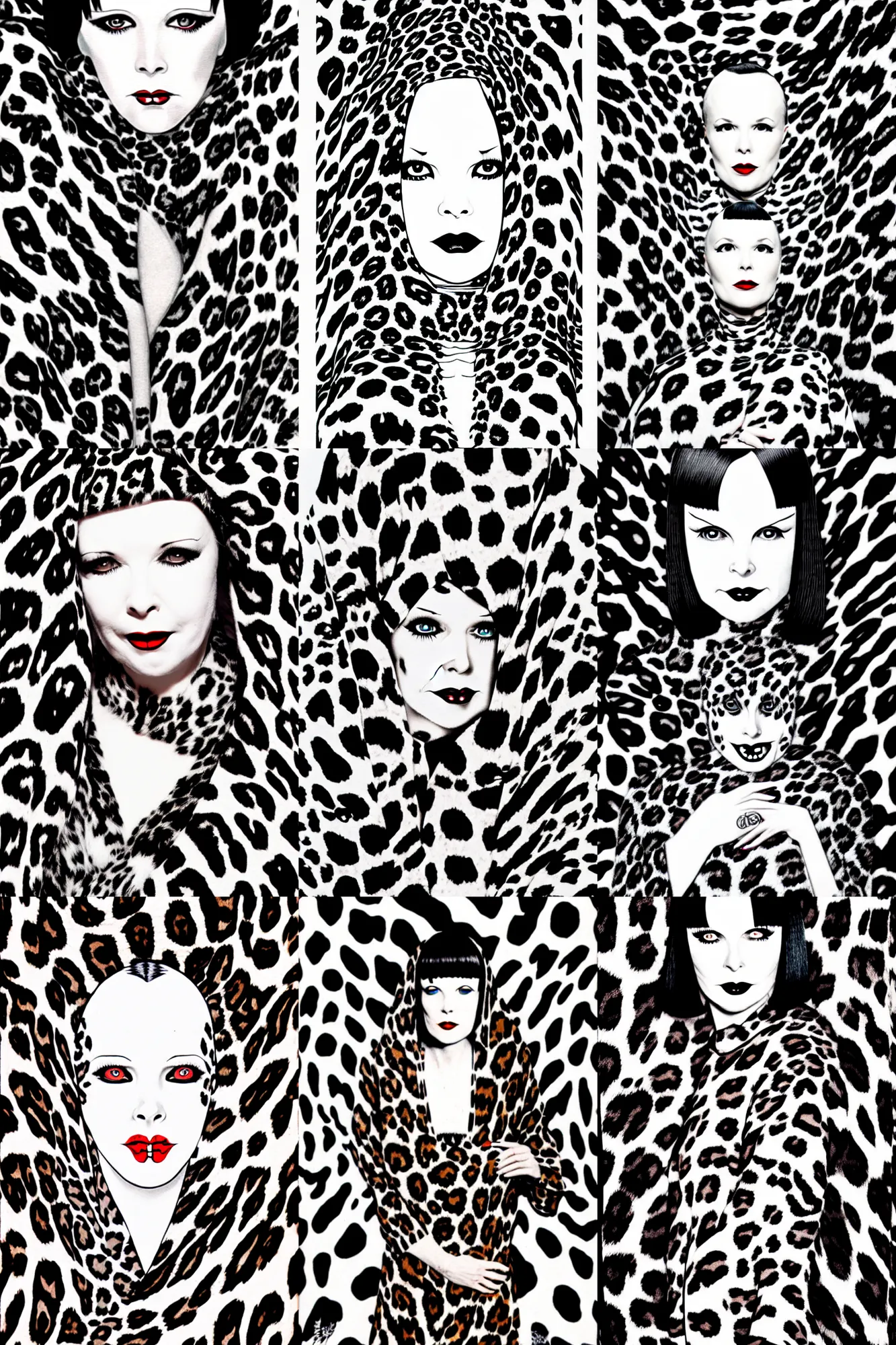 Prompt: portrait of mary louise brooks as a vampire, leopard print op art, mcbess