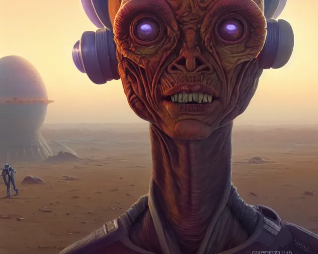 Image similar to highly detailed portrait of an alien, in mars attacks!, stephen bliss, unreal engine, fantasy art by greg rutkowski, loish, rhads, ferdinand knab, makoto shinkai and lois van baarle, ilya kuvshinov, rossdraws, tom bagshaw, global illumination, radiant light, detailed and intricate environment