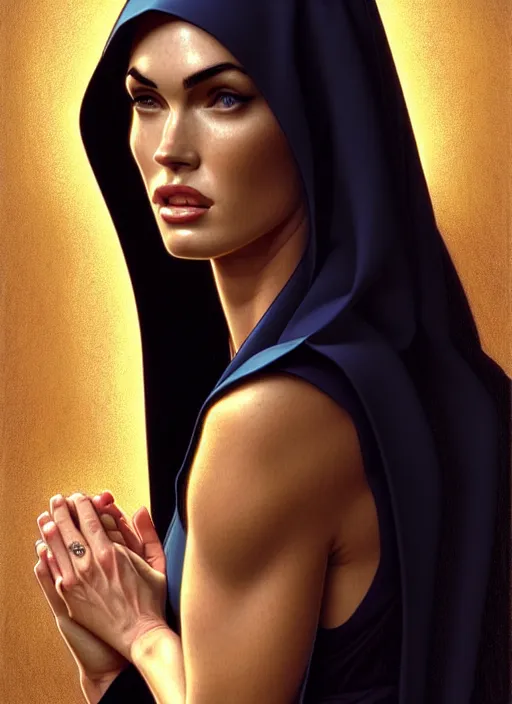 Image similar to portrait of megan fox as a nun praying, catholic, church, bible, christian, intricate, headshot, highly detailed, digital painting, artstation, concept art, sharp focus, cinematic lighting, illustration, art by artgerm and greg rutkowski, alphonse mucha, cgsociety