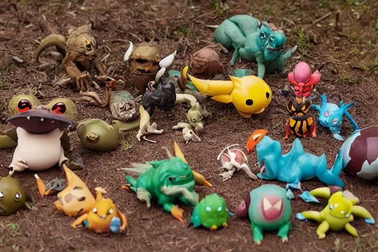 Image similar to autochrome photo of vintage disgusting brown Pokémon action figures, plastic Pokémon toys left outside for many years, backyard, kaiju, oni, realistic