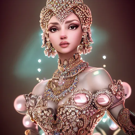 Prompt: portrait of pretty princess with perfect skin, beauty, glowing, ornate and intricate diamond jewelry, jaw dropping, ornate and intricate backdrop, white accent lighting, hyper detailed, 4 k octane render