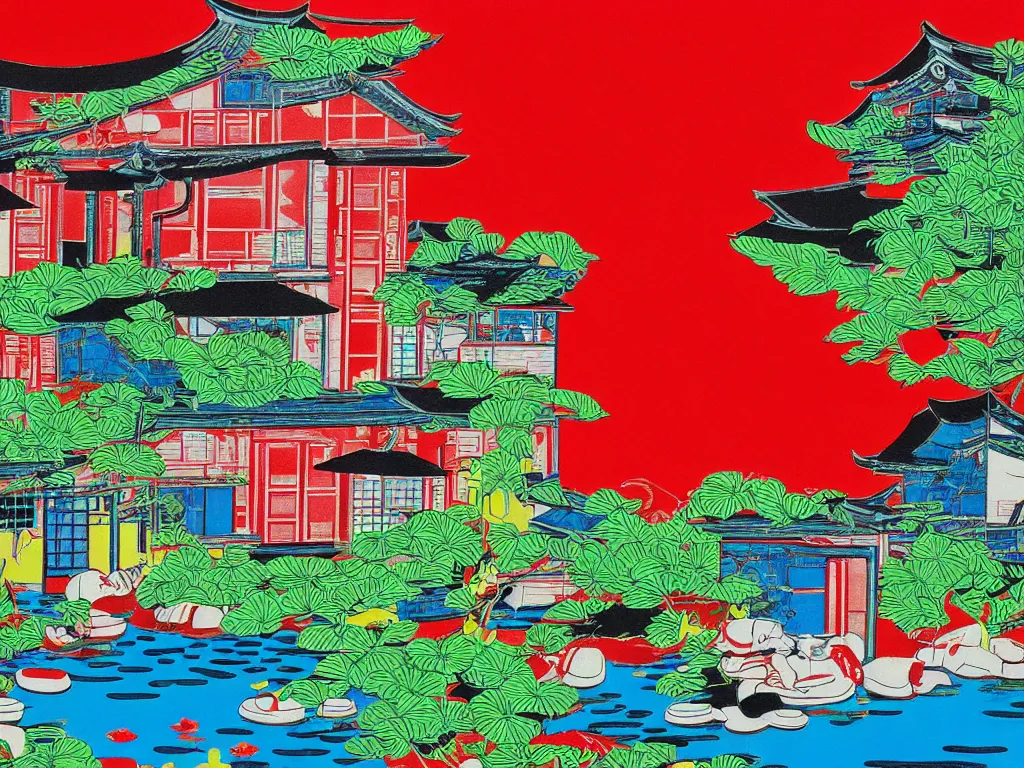 Prompt: close - up image of a japanese red house with a pond, with stormtroopers sitting around it, pop - art style, the style of andy warhol, roy lichtenstein and jackie tsai, bright and saturated palette, acrylic on canvas