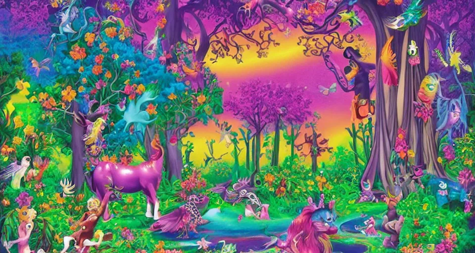 Prompt: Enchanted and magic forest, by Lisa Frank,