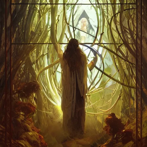 Image similar to an acrylic on canvas portrait of Ralph Fiennes Shaman Lightworker Alchemist Druid, Mystery, Love, wholeness, rooted lineage, web of life, open eye freedom by Greg Rutkowski, Artgerm and Alphonse Mucha. Epic fantasy art.