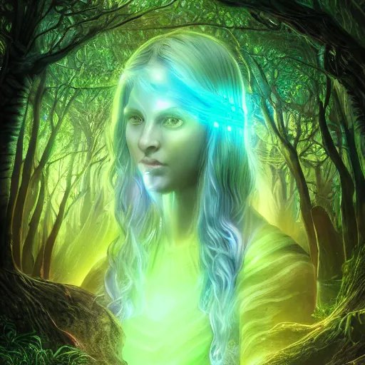 Image similar to Photorealistic elvish goddess in a magical bioluminescent forest Hyperdetailed photorealism, 108 megapixels, amazing depth, glowing rich colors, powerful imagery, psychedelic Overtones, 3D finalrender, 3d shading, cinematic lighting, artstation concept art