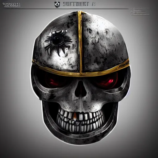 Image similar to space marine, knight, skull helmet, terminator, terrifying, grimdark, horror, war, photorealistic, front view, symmetrical, artstation, dark souls style