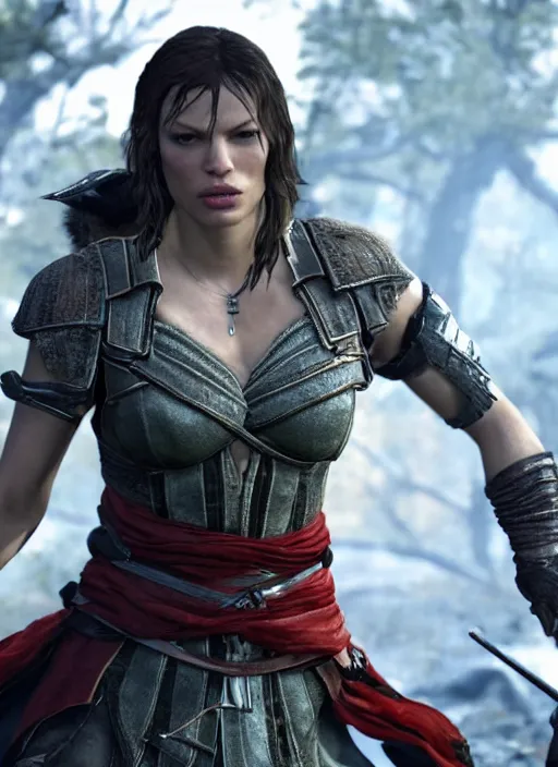 Prompt: mila jovovich in the assassin creed valhalla, gameplay screenshot, close up, 3 d rendering. unreal engine. amazing likeness. very detailed.
