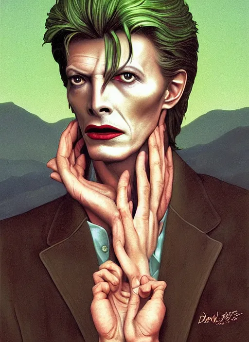 Prompt: twin peaks poster art, portrait of david bowie meets the tall green giant, by michael whelan, rossetti bouguereau, artgerm, retro, nostalgic, old fashioned