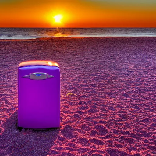 Image similar to purple refrigerator on red beach with nebula sunset