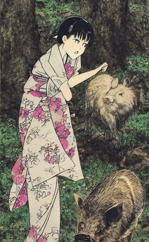 Image similar to by akio watanabe, manga art, girl pet a boar in the forest, trading card front, kimono, realistic anatomy