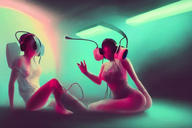 Image similar to a cute girl wearing headphones sitting on a cloud relaxing, misty, glows, digital painting, hazy, foggy, red lighting, ambient lighting, 8 k, neon, synthwave, cyberpunk,