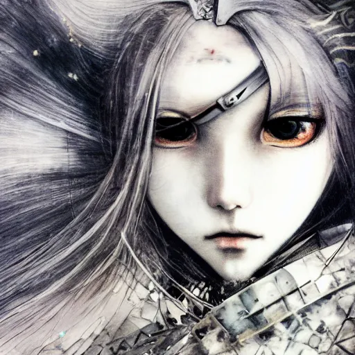 Image similar to yoshitaka amano blurred and dreamy illustration of an anime girl with an eyepatch, wavy white hair and cracks on her face wearing elden ring armour with the cape fluttering in the wind, abstract black and white patterns on the background, noisy film grain effect, highly detailed, renaissance oil painting, weird portrait angle