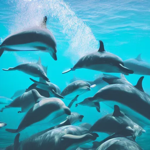 Prompt: underwater ocean, twelve dolphins, cosmos, school of dolphins, family, swimming to surface, calm, photograph, realistic, peaceful, light rays, beautiful, majestic, dapple, camera angle from below, distance,