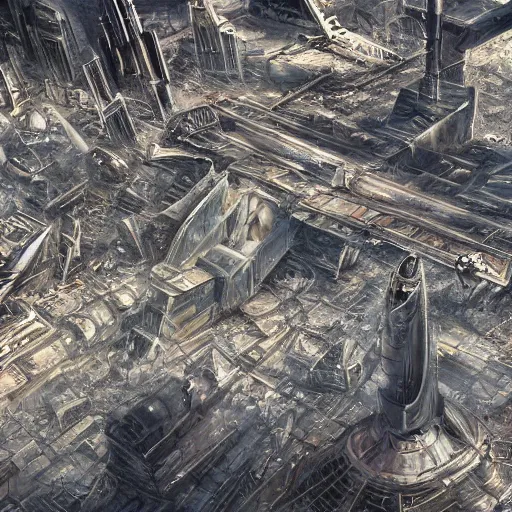 Prompt: highly detailed jets flying over a destroyed futuristic city, award-winning art, digital art, highly detailed, 4k
