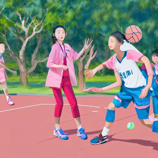 Prompt: tall woman wearing a blue jacket and pink shorts playing basketball against a group of kindergarteners wearing japanese school uniforms, complete detailed body, cherry blossom trees in background, moody atmosphere, digital art, highly detailed, high contrast, beautiful lighting, award winning, trending on art station, photorealistic, 8 k,