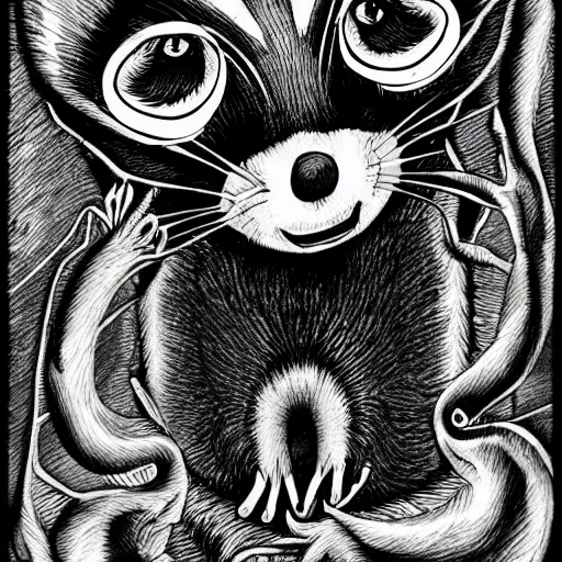 Prompt: black and white illustration creative design, raccoon, junji ito, body horror