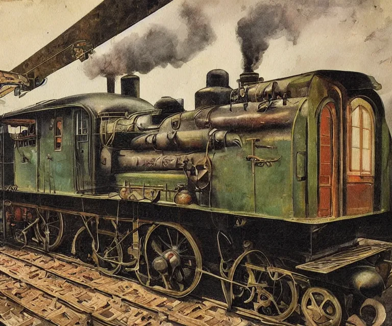 Prompt: steampunk train, 1 9 2 0 s, wet painting