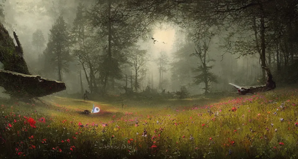 Prompt: Enchanted and magic forest full of wild flowers, space ship landing by JAKUB ROZALSKI