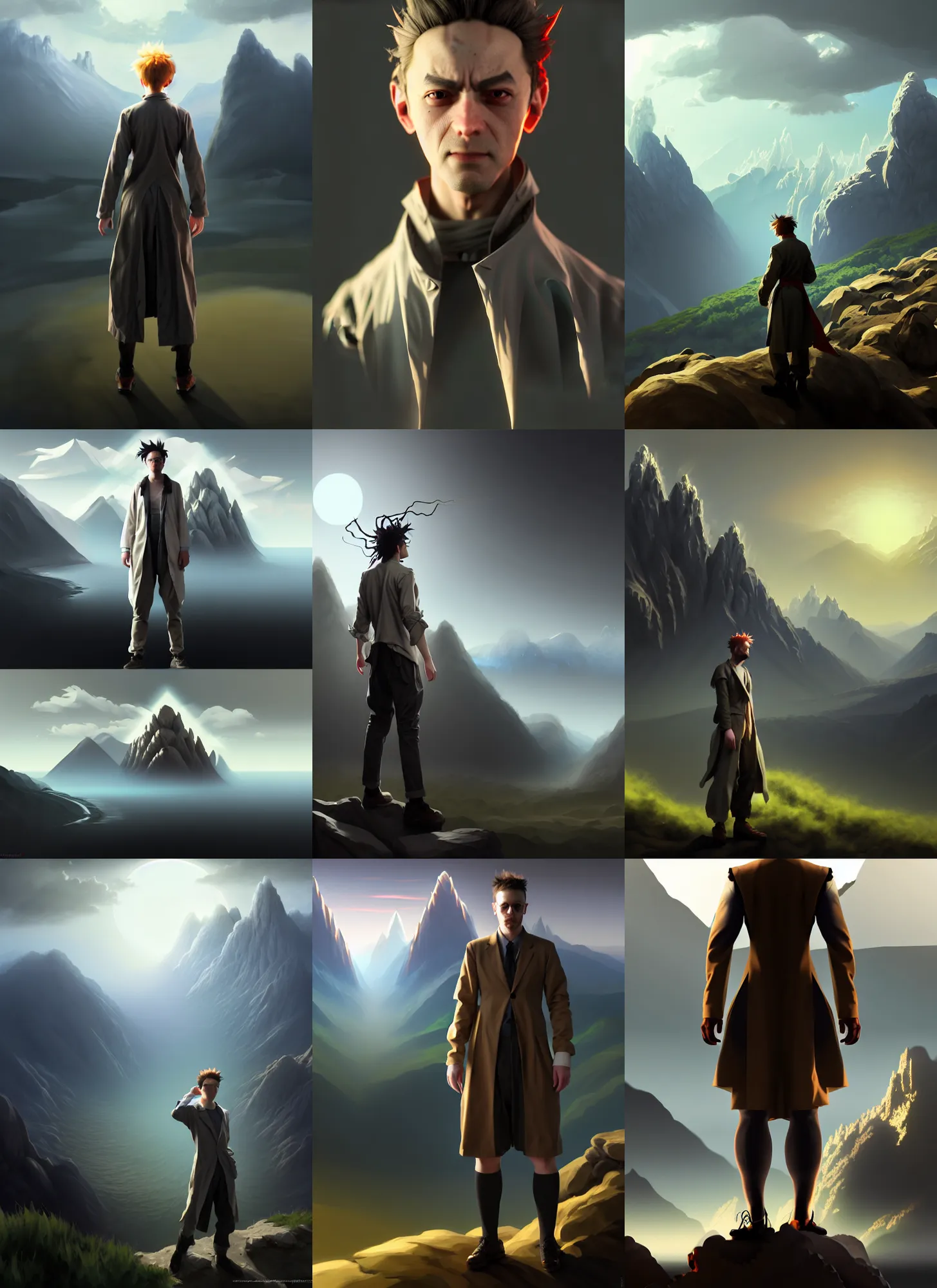 Prompt: costume design made by mad scientist, sophisticated composition, old masters light composition, procedurally generated, drama character posing for concept art, dramatic mountains behind, substance designer, PBR, HD, Ultra detailed, hyperrealistic, megascans, volumetric light, concept by master artist, made in paint tool SAI2, trending pixiv face