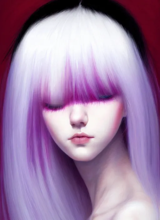 Image similar to hair whitebangs hair, black hair, whitebangsblackhair, portrait of teenage girl with white bangs, red irises, purple clothes, white bangs, bangs are different color from hair, intricate, elegant, glowing lights, highly detailed, digital painting, artstation, concept art, sharp focus, illustration, art by wlop, mars ravelo and greg rutkowski