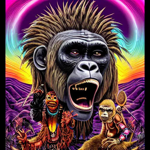 Image similar to jim carrey, will smith, madonna, lady gaga, barong family, wiwek, mara demon, one single tribe member, jungle, one single mask, dark, ancient warrior, grumpy gorilla, violence blood, tribal, inner glow, art by dan mumford and justin gerard