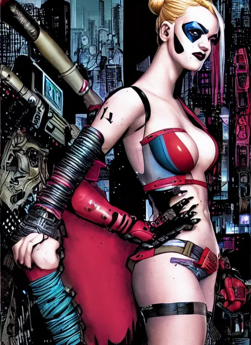 Image similar to a dream portrait of cyberpunk Harley Quinn in post apocalyptic Gotham art by Paul Dini, Joe Chiodo