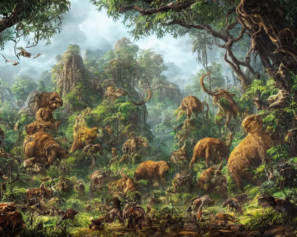 Prompt: the beastlands, megafauna, jungle landscape