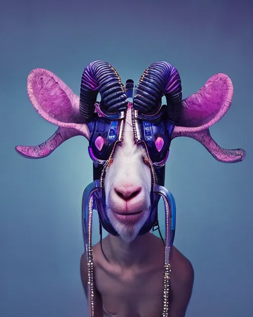 Image similar to natural light, soft focus portrait of a cyberpunk anthropomorphic goat with soft synthetic pink skin, blue bioluminescent plastics, smooth shiny metal, elaborate ornate head piece, piercings, skin textures, by annie leibovitz, paul lehr