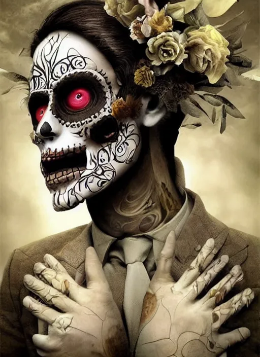 Image similar to dia de los muertos hombre theme surrealist art in the styles of igor morski, jim warren, and a tim burton film, intricate, hyperrealistic, accurate facial details, profile picture with chromakey!!!!! background, volumetric lighting