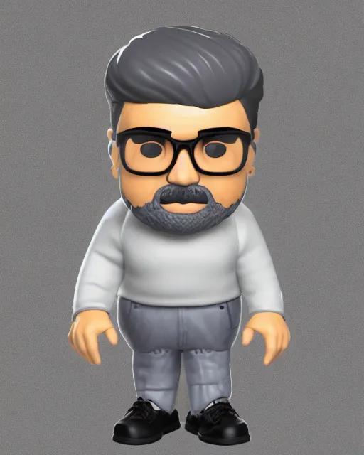 Prompt: full body 3 d render of indian man, chubby face, small dark grey beard, small glasses, grey hair, pullover, as a full body funko pop!, studio lighting, grey background, single body, no shadow, blender, trending on artstation, 8 k, highly detailed