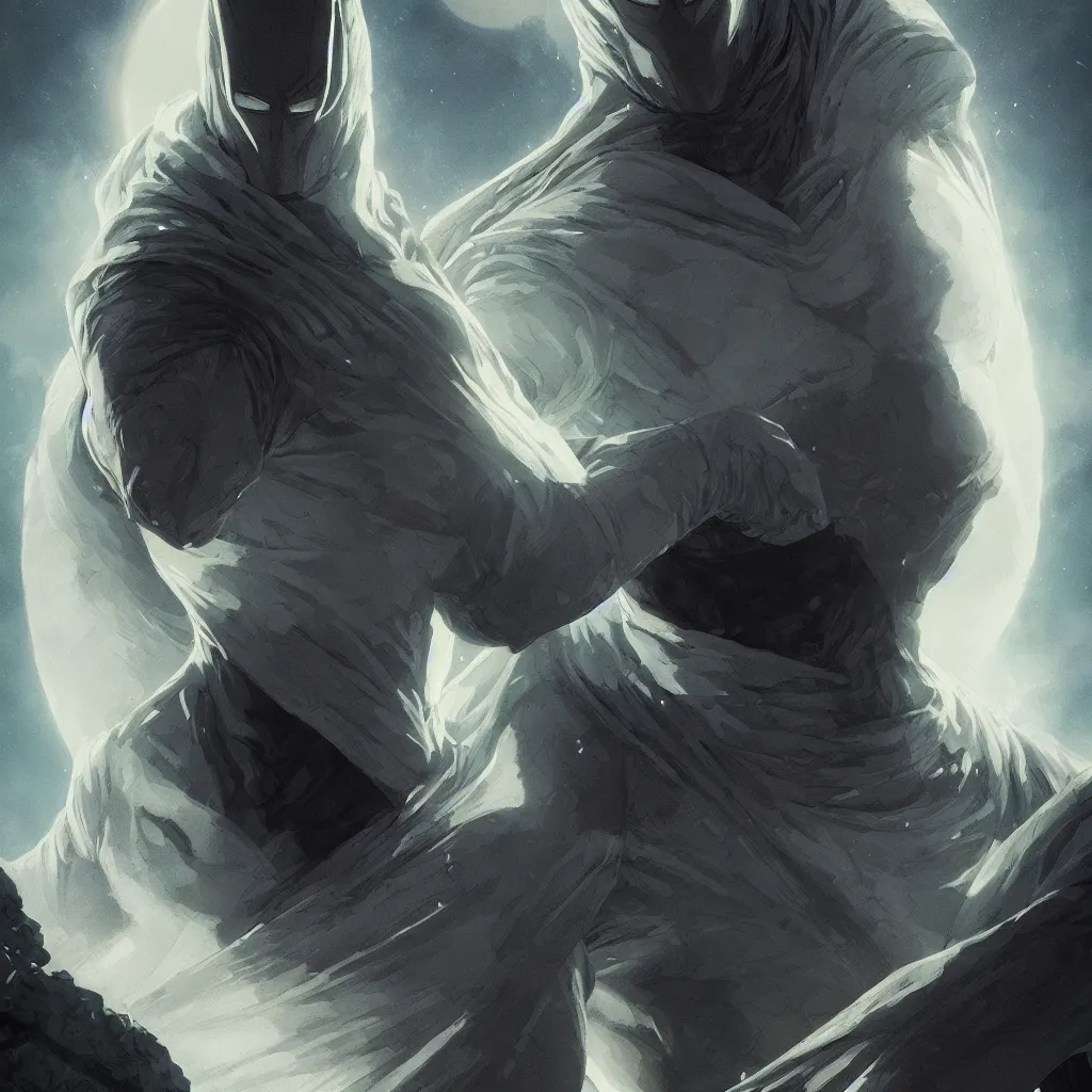 Image similar to symmetry of moon knight mixed with sandman from neil gaiman, rpg reference, art by greg rutkowski, artgerm, trending on artstation, octane render, insanely detailed, 8 k, hd