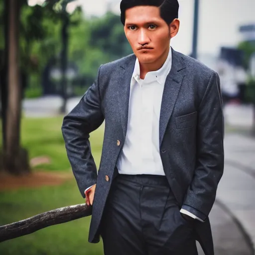 Image similar to outdoor portrait of jose rizal as a handsome young man in 2 0 2 2, 3 0 years old wearing stylish modern clothes, photo taken in 2 0 2 0, 3 5 mm f 1. 4 digital photo, matte colors