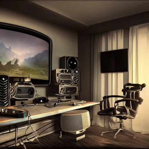 Prompt: home studio for a radio streaming, hyper realistic, octane render, cinematic, golden ratio, curved lines, hacker gaming system theme, dramatic lighting shadows, detailed illustration, 8 k, intricate details, oil painting