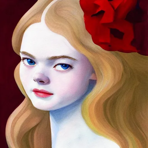 Prompt: Painting of Elle Fanning surrounded by red snow, 60s ad, long blonde hair, delicate, pale milky white porcelain skin, by Edward Hopper. 8K. Extremely detailed.