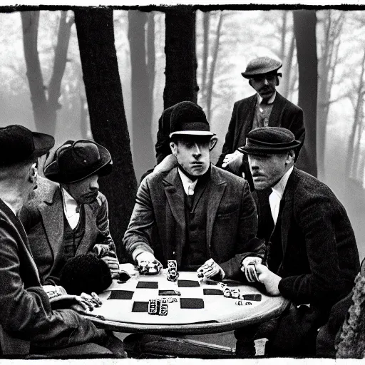 Prompt: peaky blinders playing poker in the woods. black and white.