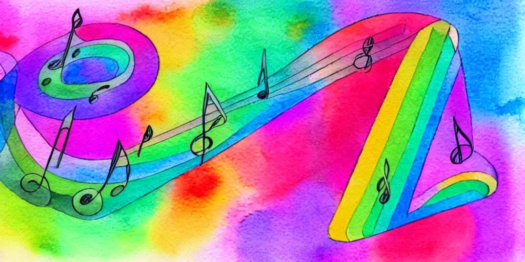 Prompt: musical notes in a prism rainbow, a curvy staff of musical notation flowing out of a prism rainbow. comic book panel background, muted colors, dreamy watercolor wash, in the style of Pink Floyd Dark Side of the Moon