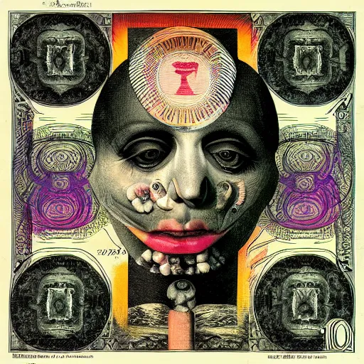 Prompt: post - punk new age album cover, asymmetrical design, dollar bank notes, capitalism, magic, apocalypse, psychedelic, black white pink, magic, giger h. r., giuseppe arcimboldo