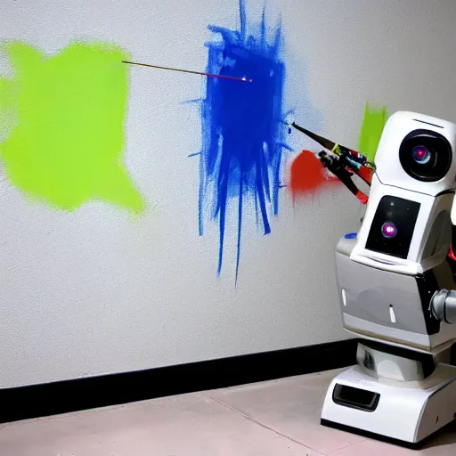 Prompt: a photograph of robot painting a picture, it looks at the camera, paint everywhere on the walls