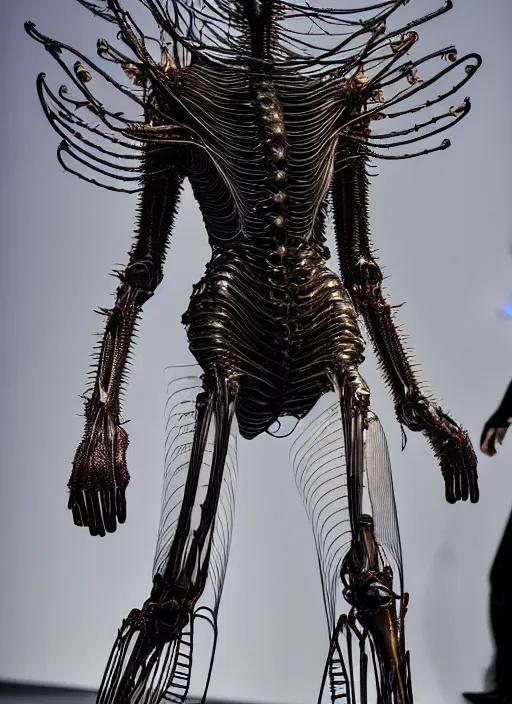 Image similar to walking down the catwalk, show, stage, vogue photo, podium, fashion show photo, iris van herpen, beautiful woman, full body shot, masterpiece, inflateble shapes, alien, giger, plant predator, guyver, jellyfish, wires, veins, white biomechanical details, wearing epic bionic cyborg implants, highly detailed