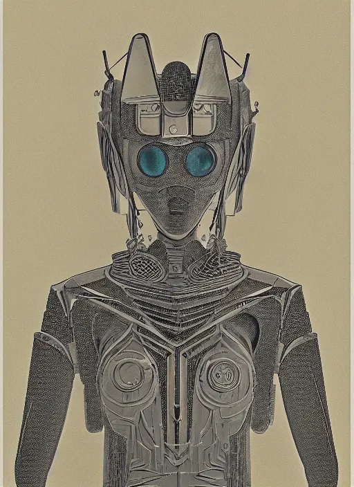 Image similar to 2 d illustration, grained risograph, old wetplate portrait of a futuristic silver armored geisha district 9 cyborg, parallax, fractal, intricate, elegant, highly detailed, subsurface scattering, by jheronimus bosch and moebius louis jacques mande daguerre and szukalski