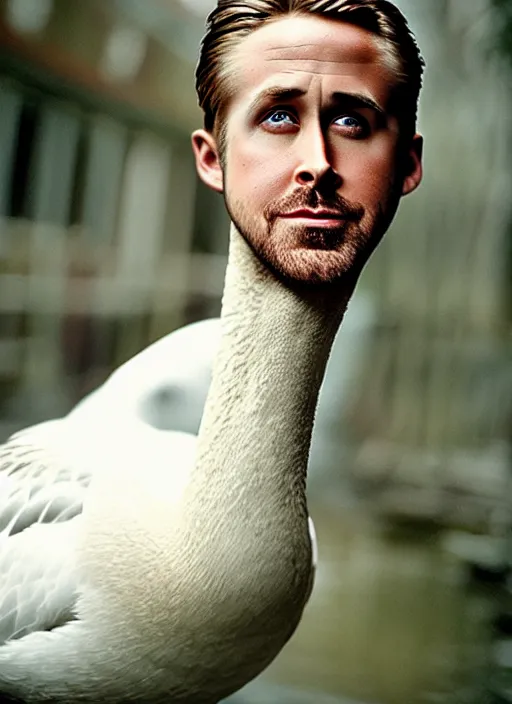 Image similar to ryan gosling fused with a goose, natural light, bloom, detailed face, magazine, press, photo, steve mccurry, david lazar, canon, nikon, focus