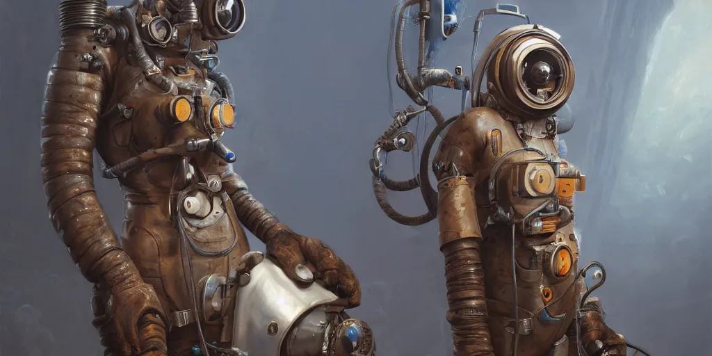 Prompt: highly detailed portrait painting of welder and angelina joile in atmospheric diving suit, mono eyed, by eddie mendoza and tyler edlin, windows, 8 k resolution