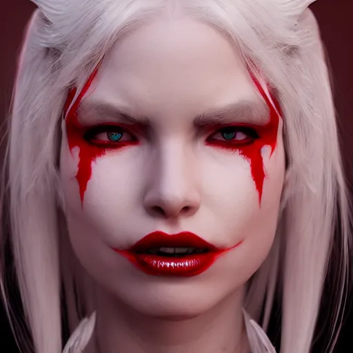 Image similar to a highly detailed portrait of a humanoid demon girl with white hair, red horns, in white clothes, artstation, deviantart, professional, unreal engine 5, photorealistic