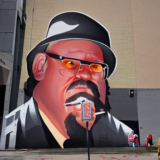 Prompt: professional street mural of jim ross and a bbq sauce bottle by sachin teng