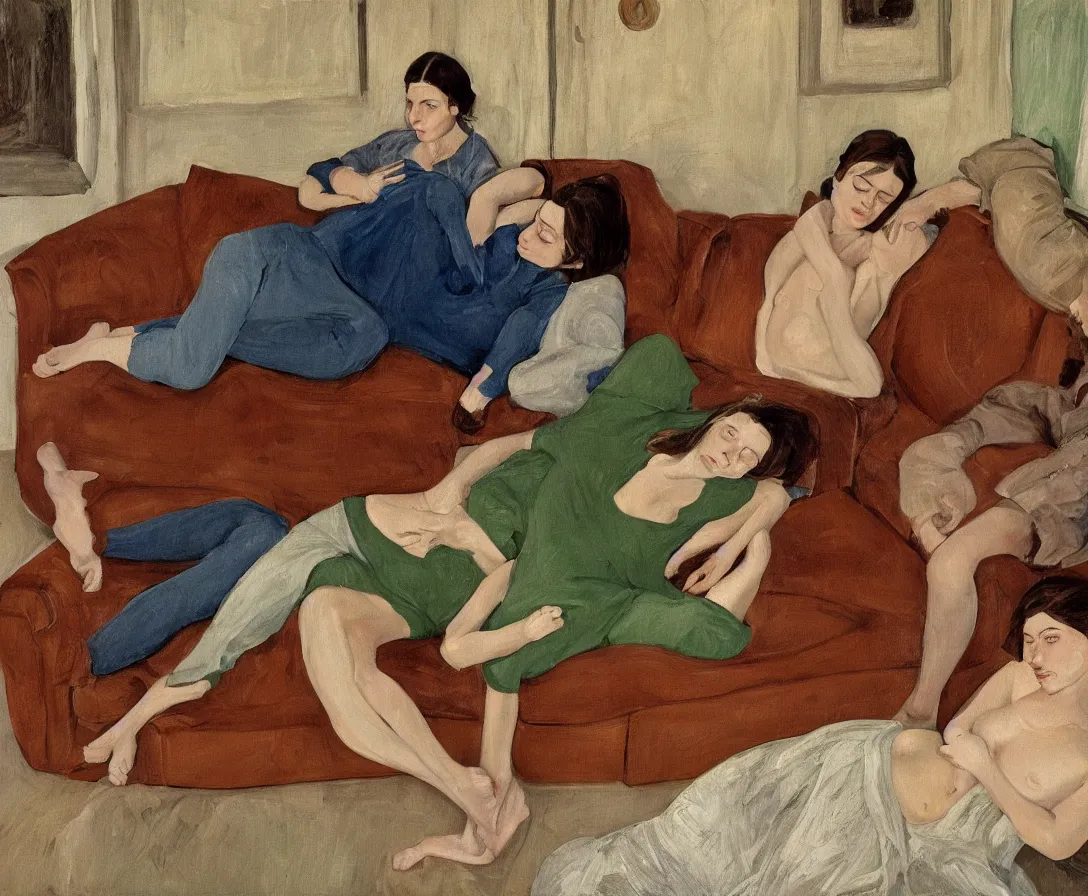 Image similar to portrait of bella and esther lying horizontal, in an old english apartment on a brown leather sofa. one is wearing a dark blue sweather, the other a white shirt. brown hair, they are looking into the camera. wide shot. in the style of lucien freud. oil painting. green mood. isometric perspective