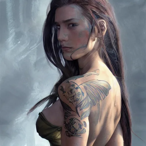 Image similar to tattoo design, a professional painting of a beautiful young female, partially clothed in battle armor, olive skin, long dark hair, beautiful bone structure, symmetrical facial features, intricate, elegant, digital painting, concept art, smooth, sharp focus, illustration, from Metal Gear, by Ruan Jia and Mandy Jurgens and Greg Rutkowski and Artgerm and William-Adolphe Bouguerea and artgerm, cat girl, anime