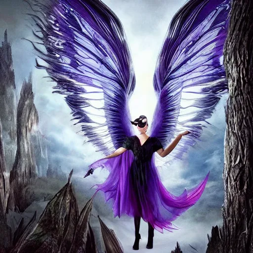 Image similar to fairy with wings, similar to maleficent, fantasy, lord of the rings, dark mood