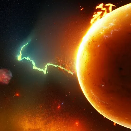Prompt: realistic concept art of earth imploding, massive amounts of debris and dust shoots out in a fiery explosion looking like a nebula